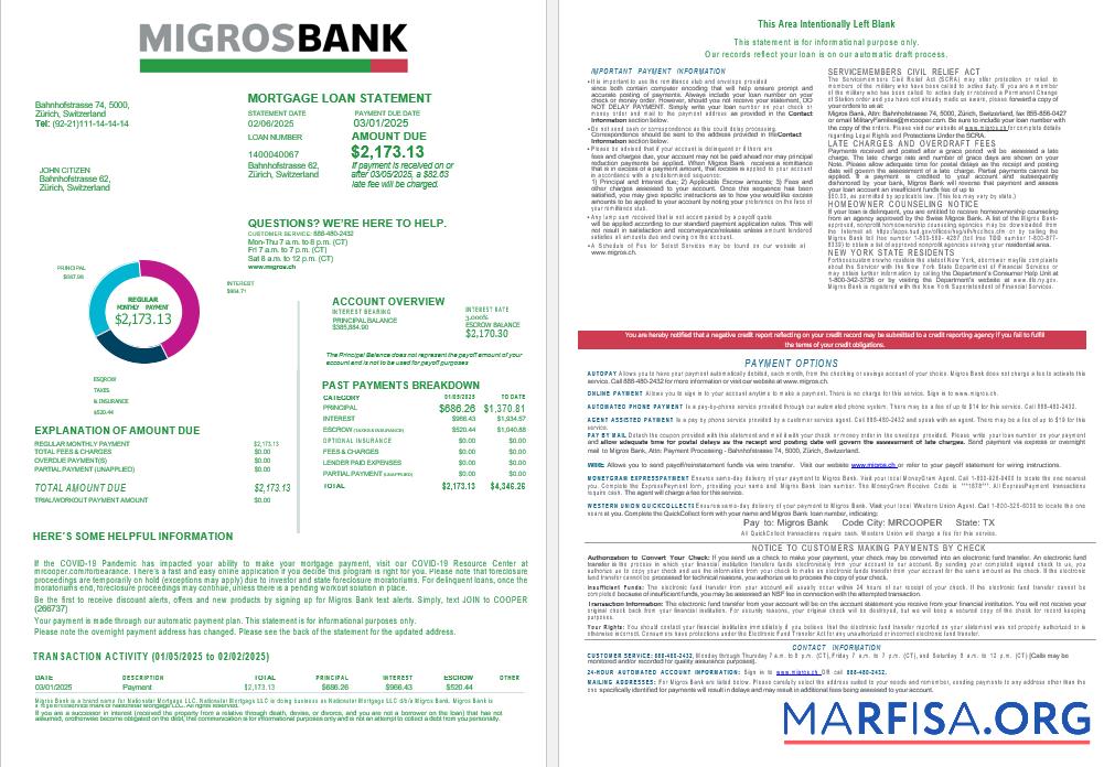 Realistic Swiss Migrosbank bank mortgage loan statement in Word and PDF formats 1 2 sample